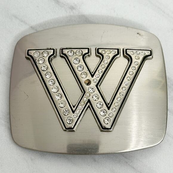 Rhinestone Studded W Letter Initial Monogram Silver Tone Belt Buckle - Picture 1 of 8